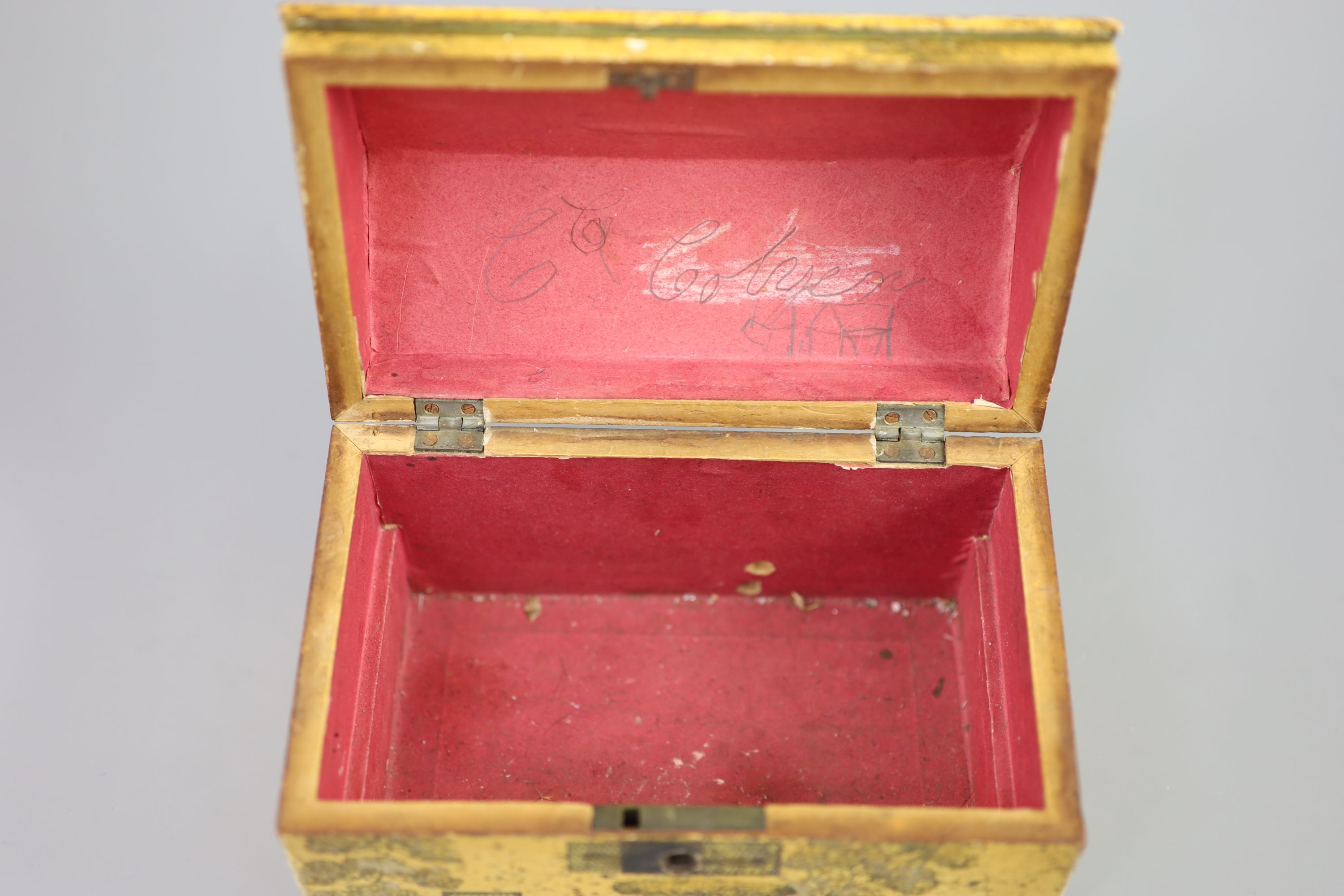 A Regency painted and penwork work box, modelled as a cottage, width 7.25in. depth 4.5in. height 5in.
